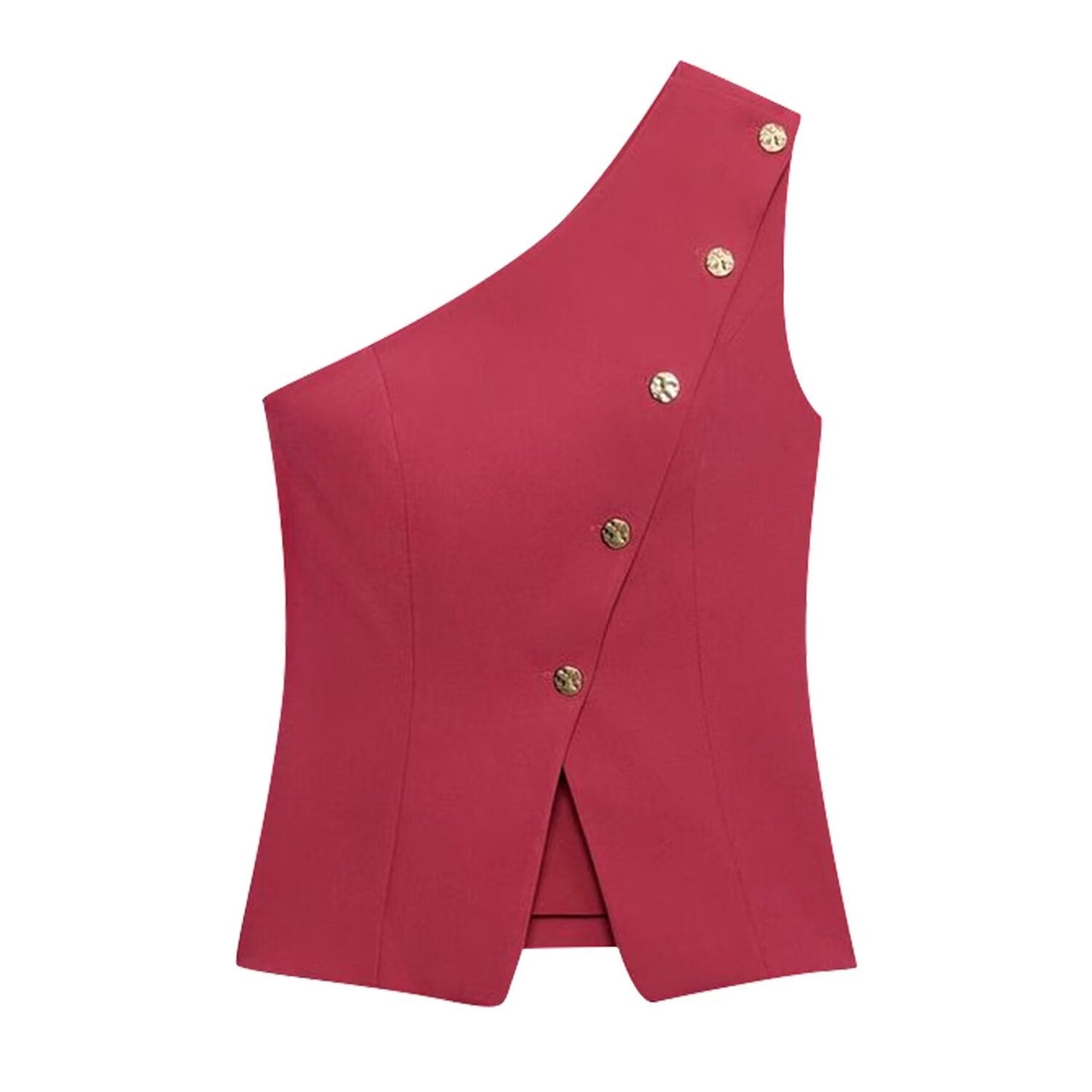 Summer Women Asymmetric Decorated Row Button Vest Tight Leg Pleated Pants Sets