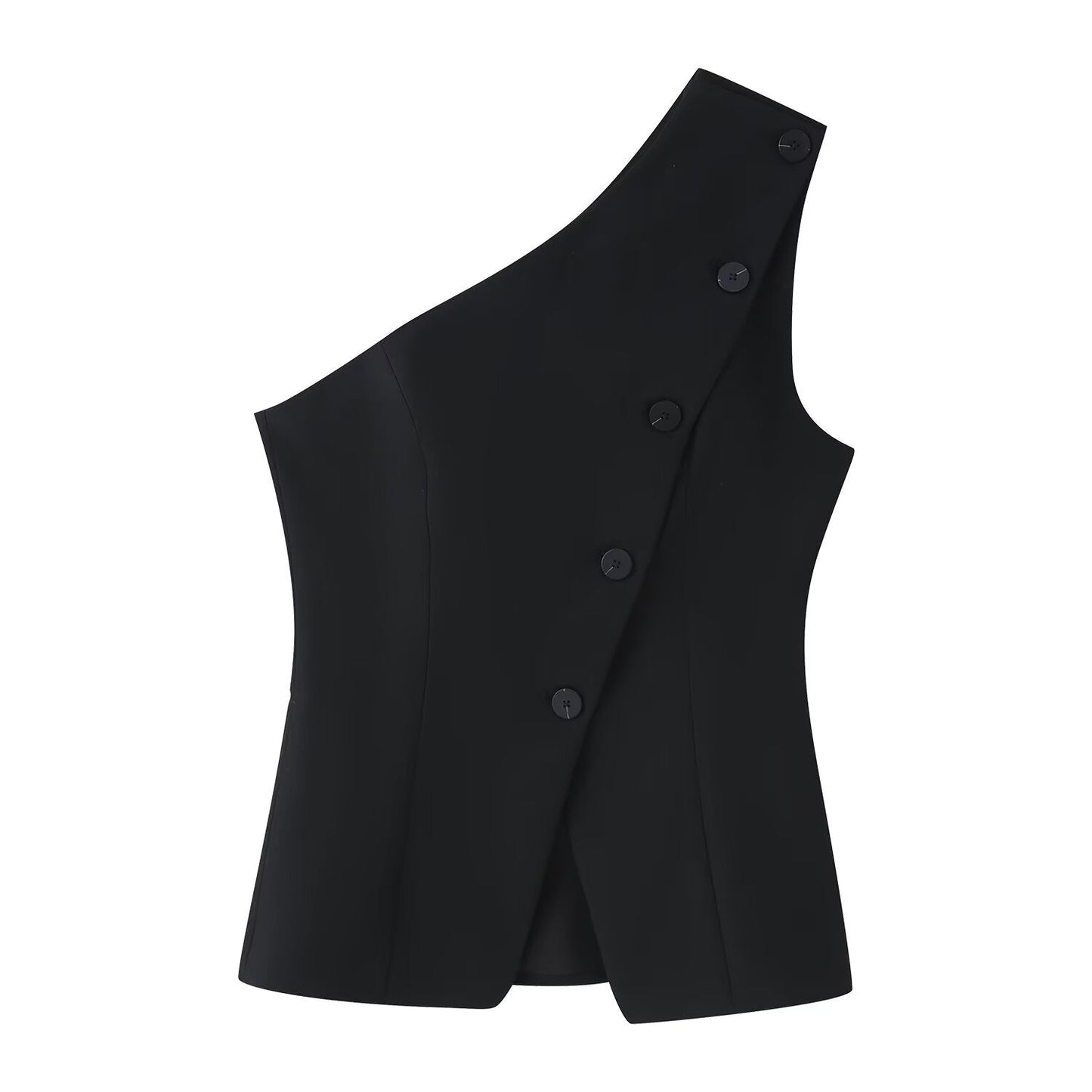 Summer Women Asymmetric Decorated Row Button Vest Tight Leg Pleated Pants Sets