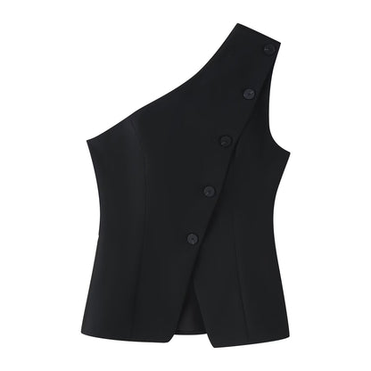 Summer Women Asymmetric Decorated Row Button Vest Tight Leg Pleated Pants Sets