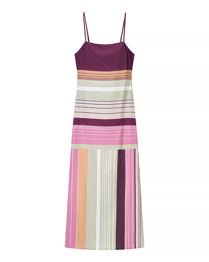 Women Clothing Summer Retro Contrast Color Backless Sexy Stripes Strap Dress