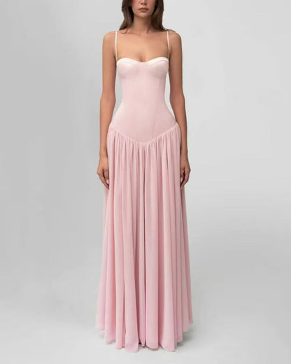 Pink Cami Dress Boning Corset Shaping Large Swing Pleated Dress Ladies Evening Dress