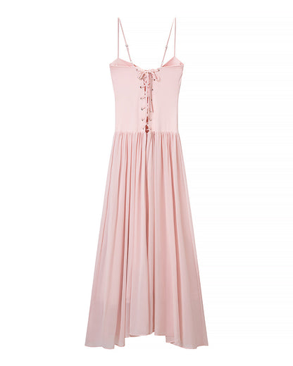 Pink Cami Dress Boning Corset Shaping Large Swing Pleated Dress Ladies Evening Dress