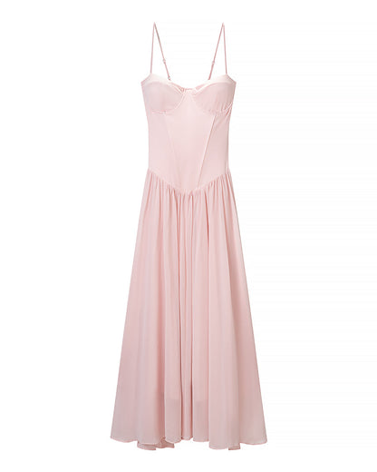 Pink Cami Dress Boning Corset Shaping Large Swing Pleated Dress Ladies Evening Dress