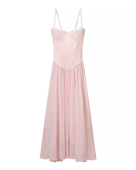 Pink Cami Dress Boning Corset Shaping Large Swing Pleated Dress Ladies Evening Dress