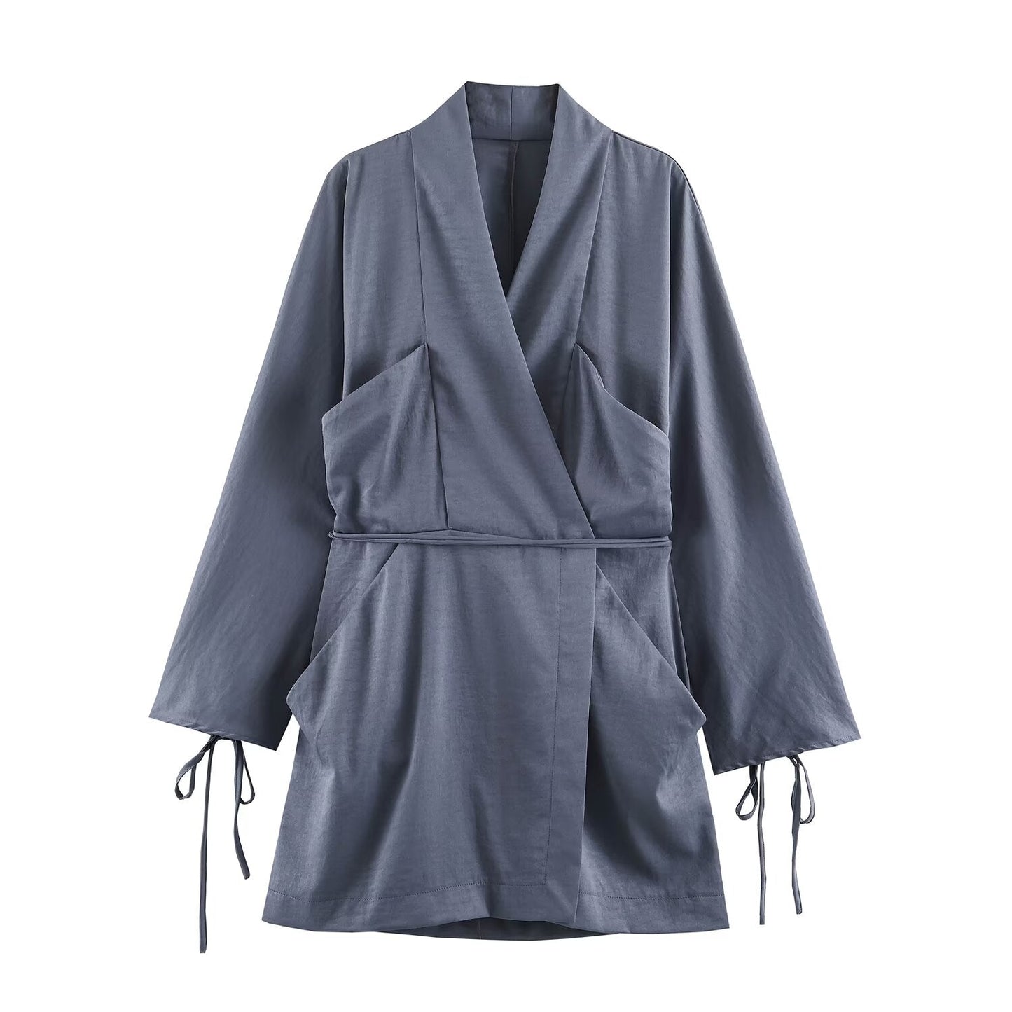 Women Clothing Summer Waist Belt Double Breasted Short Long Sleeve Dress