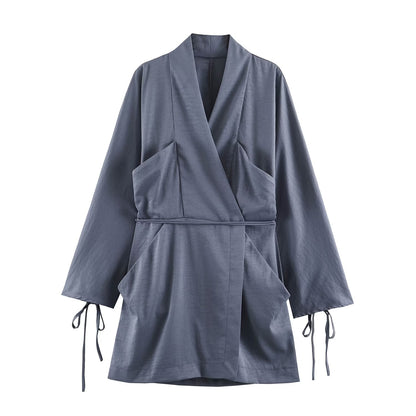 Women Clothing Summer Waist Belt Double Breasted Short Long Sleeve Dress