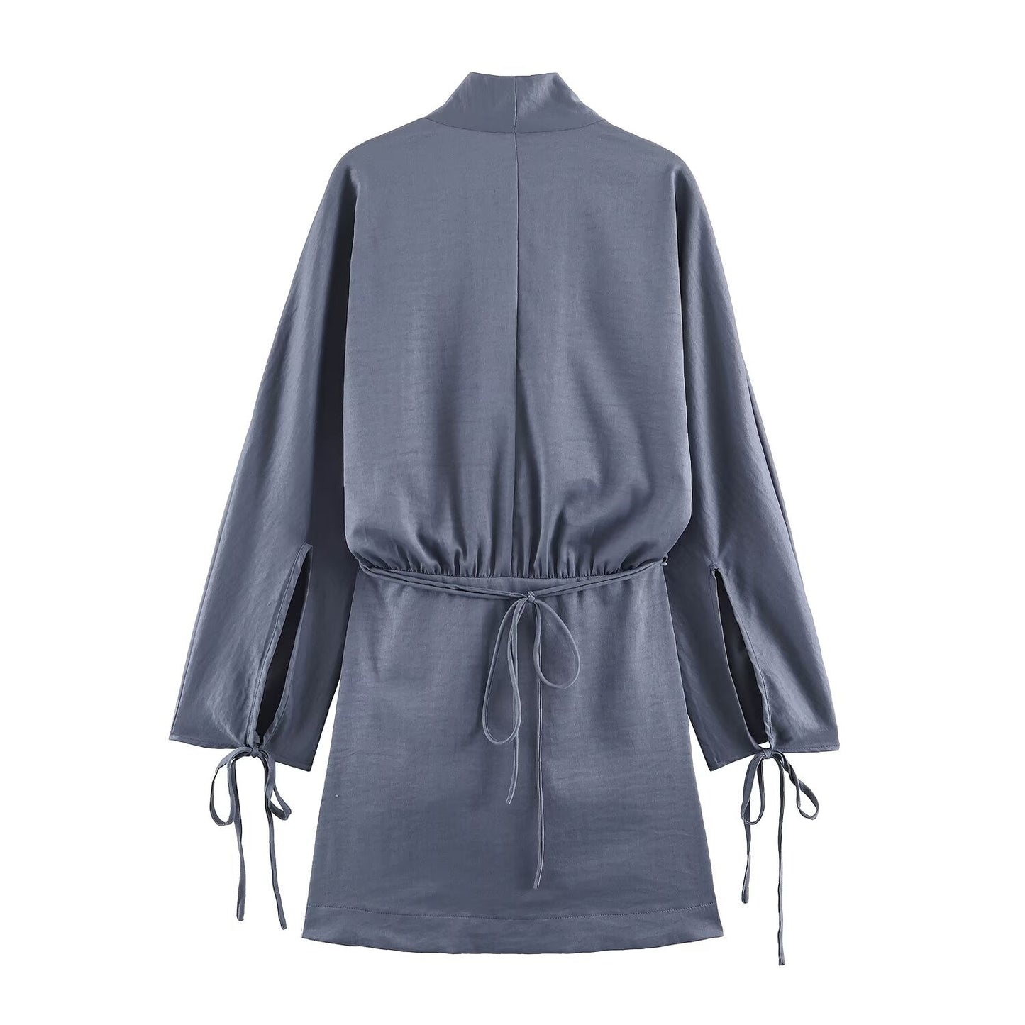 Women Clothing Summer Waist Belt Double Breasted Short Long Sleeve Dress