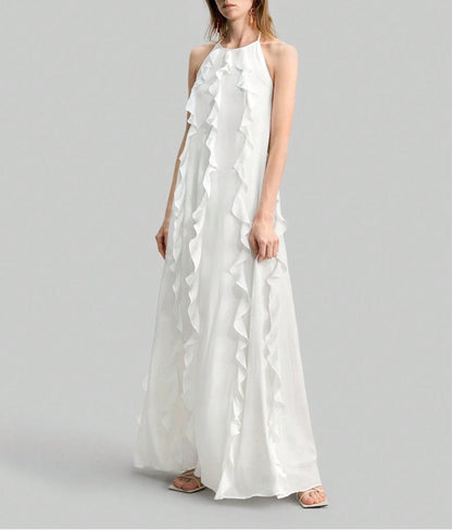 Women Clothing Summer Strap Backless Ruffled Chiffon Sexy Dress Sweet Bandage Dress Maxi Dress