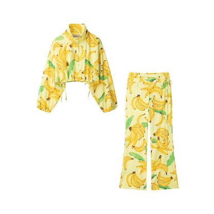 Summer Women Clothing Fruit Printed Short Coat Pants Two Piece Sets