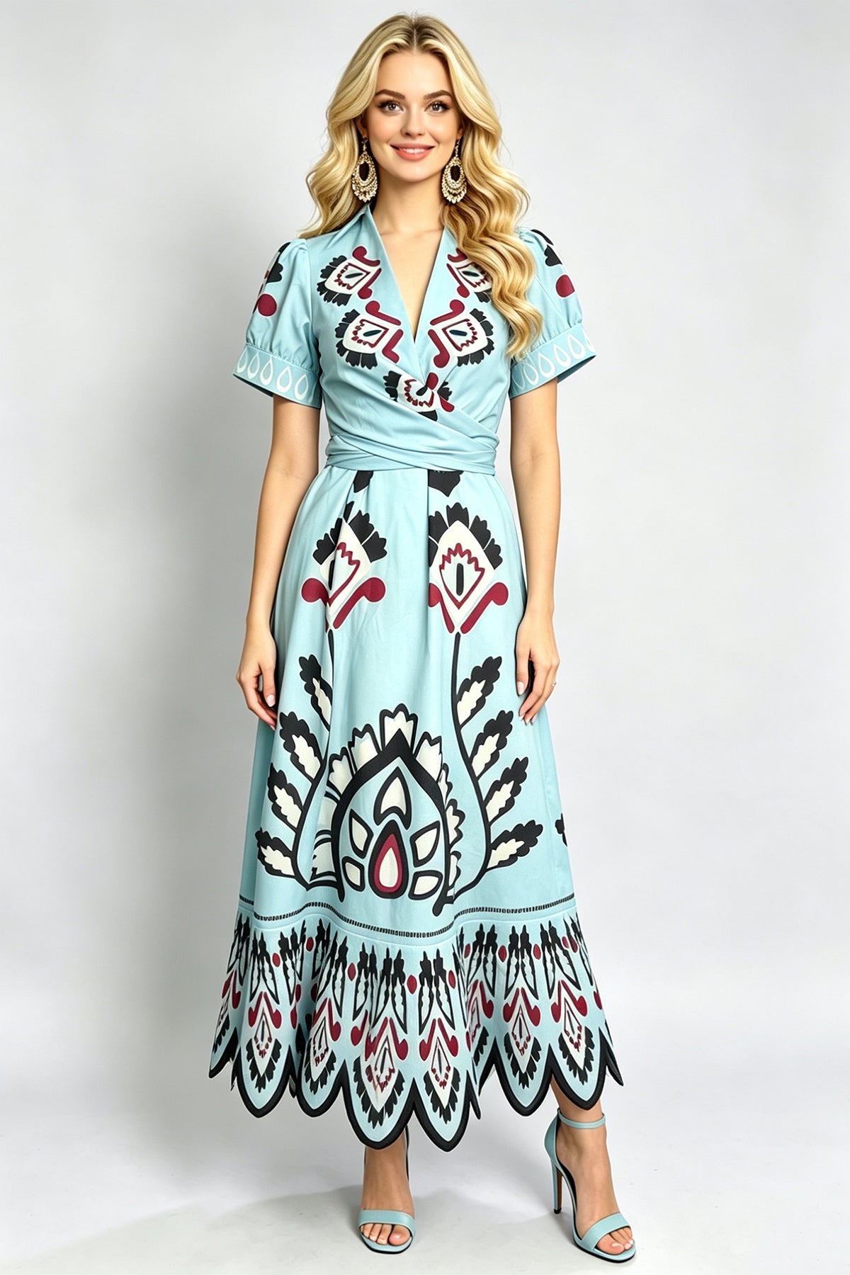 Women Summer Printed V Neck Short Sleeved Fitted High Waisted A Line Dress