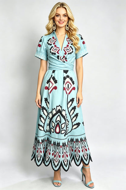 Women Summer Printed V Neck Short Sleeved Fitted High Waisted A Line Dress