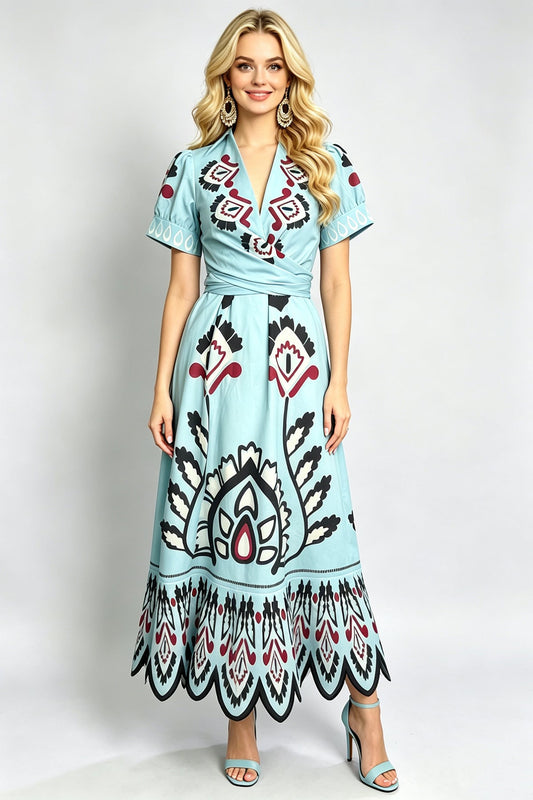 Women Summer Printed V Neck Short Sleeved Fitted High Waisted A Line Dress