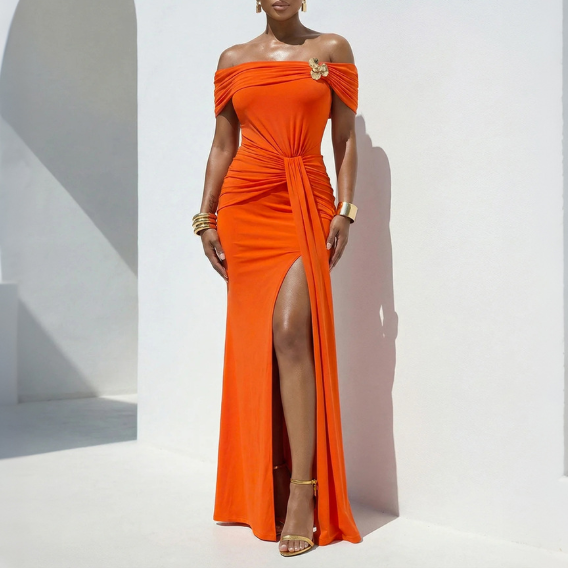 Sexy off Shoulder High Slit Dress Solid Color Women Dress Summer Short Sleeve Dress