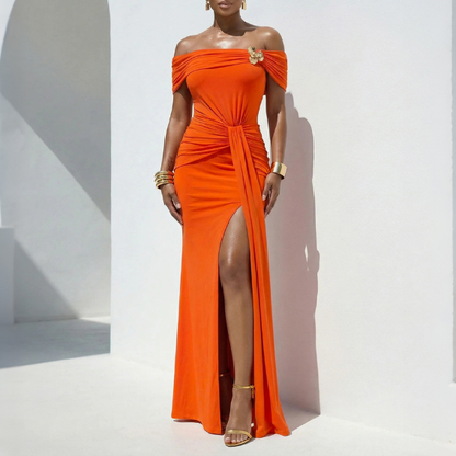 Sexy off Shoulder High Slit Dress Solid Color Women Dress Summer Short Sleeve Dress