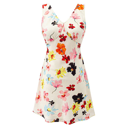 Summer Printed Seaside Vacation Short Dress Lace up Slim Fit Slimming V Neckline Dress