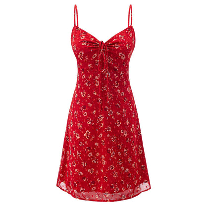 Summer Women Clothing Red Printing Strap Dress