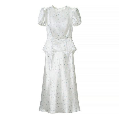 Puff Sleeve Waist Controlled Top Fishtail Two Piece Overskirt French Vintage Waist Elegant Outfit