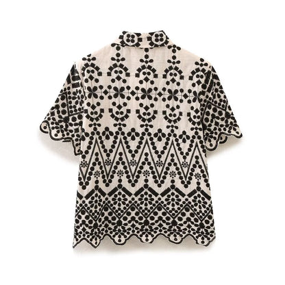 Summer Color Block Embroidery Shirt Embroidered Shorts Sets