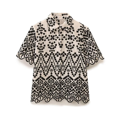 Summer Color Block Embroidery Shirt Embroidered Shorts Sets