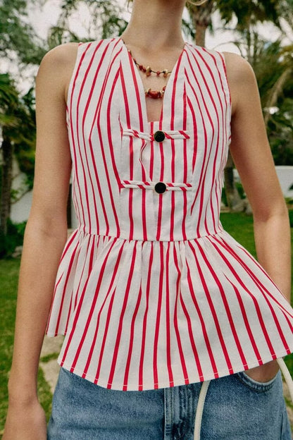 Women Clothing Summer Sleeveless V neck Dress Hem Striped Pullover Top