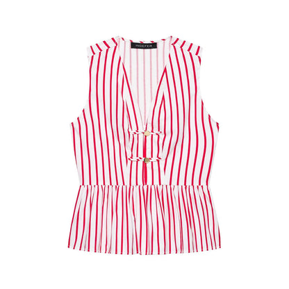 Women Clothing Summer Sleeveless V neck Dress Hem Striped Pullover Top