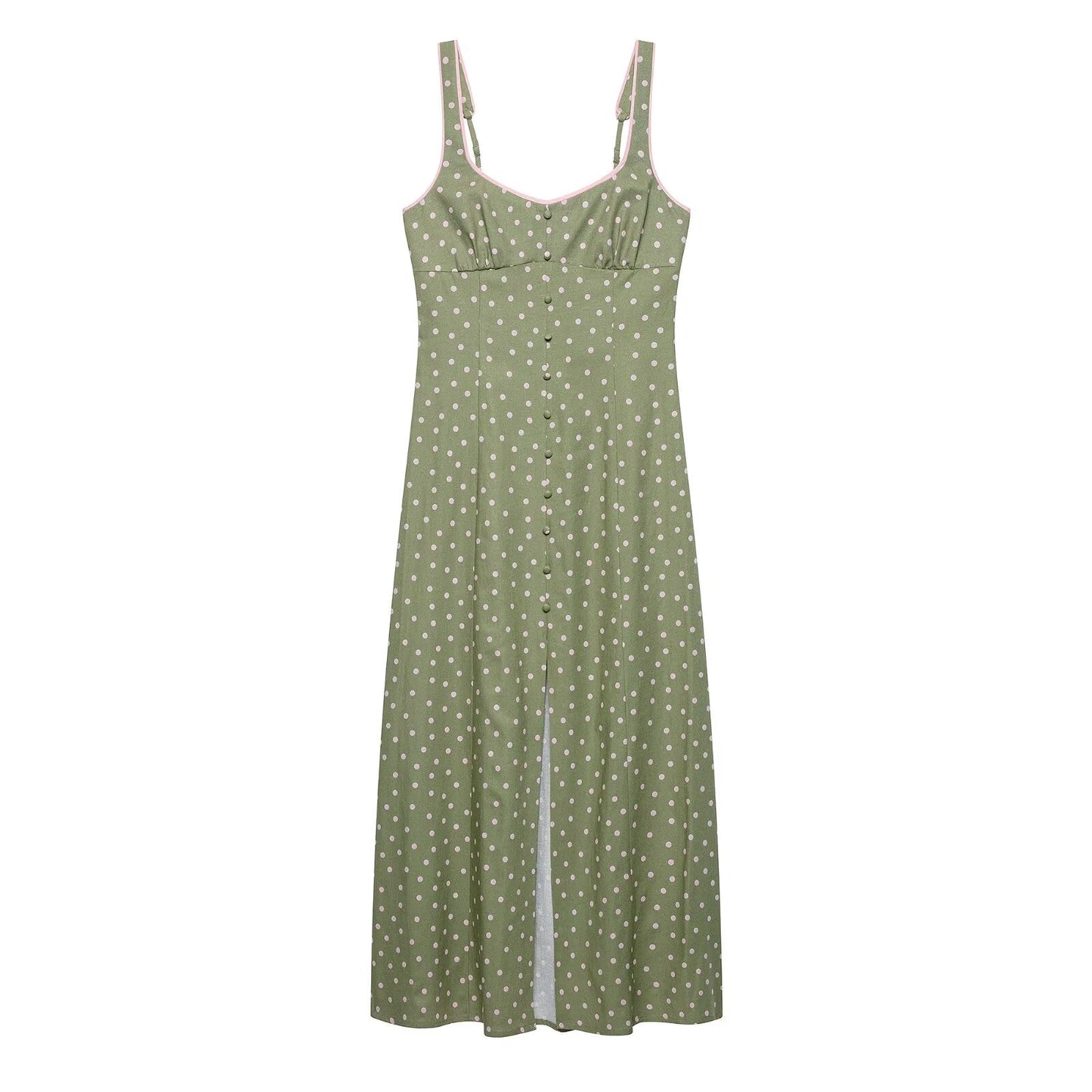 Women Clothing Summer Polka Dot Linen Blended Midi Dress Strap Dress
