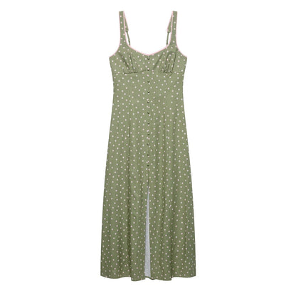 Women Clothing Summer Polka Dot Linen Blended Midi Dress Strap Dress