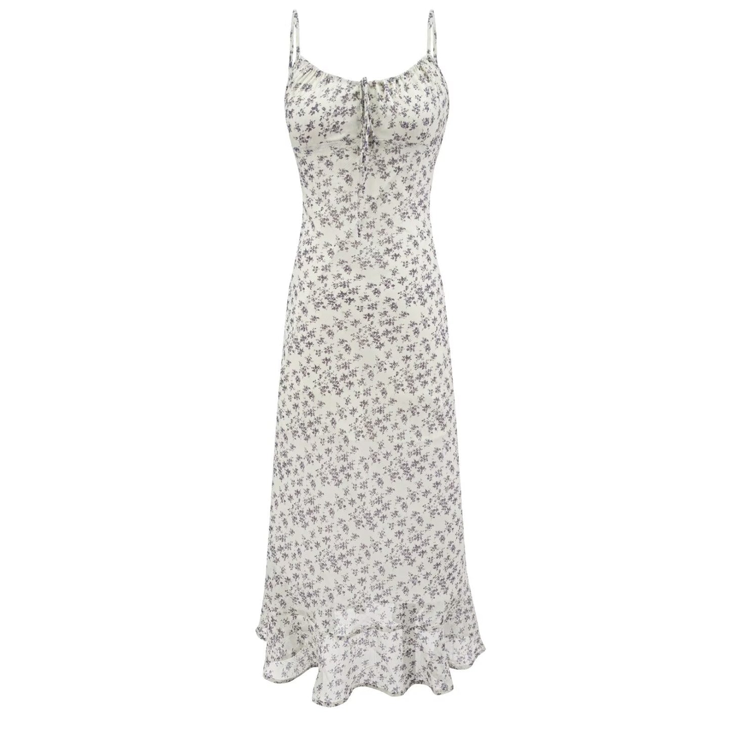 Summer Retro Vacation Printed Maxi Dress Ruffled Design Slim Strap Dress