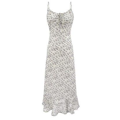 Summer Retro Vacation Printed Maxi Dress Ruffled Design Slim Strap Dress