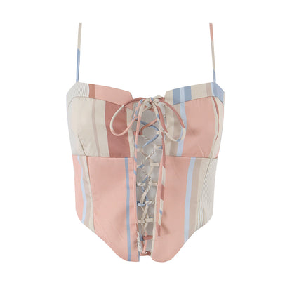 Summer Printed Lace up Sling Top Color Striped Stitching Loose Wide Leg Pants Two Piece Sets