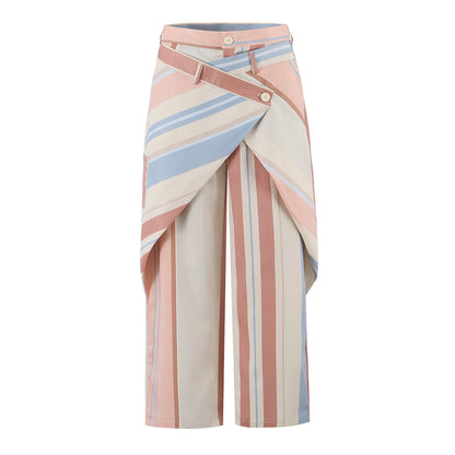Summer Printed Lace up Sling Top Color Striped Stitching Loose Wide Leg Pants Two Piece Sets