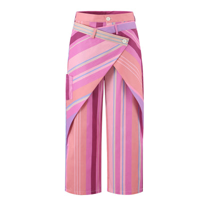 Summer Printed Lace up Sling Top Color Striped Stitching Loose Wide Leg Pants Two Piece Sets