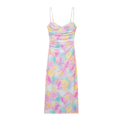Women Clothing Summer Heart Shaped Collar Printed Silk Net Slim Strap Dress