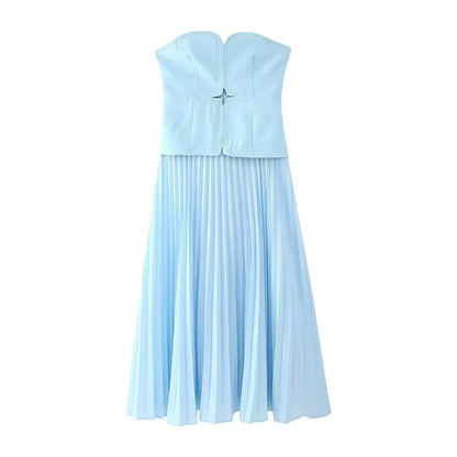 Women Clothing Summer Retro Sexy Slim Color Pleated Tube Top Dress