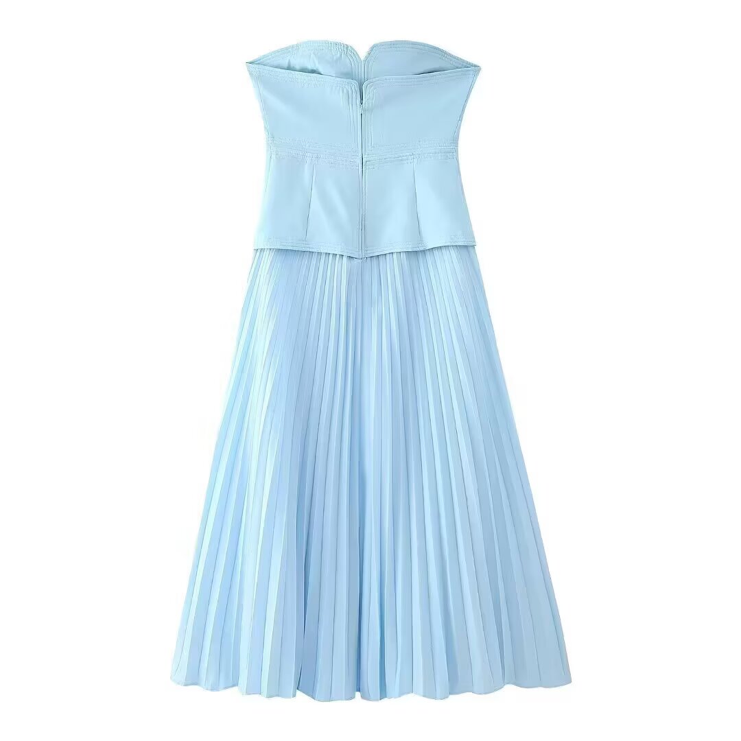 Women Clothing Summer Retro Sexy Slim Color Pleated Tube Top Dress