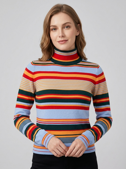 Autumn Winter Contrast Color Turtleneck Pullover Slim Fit Top Contrast Color Striped Sweater Sweater Women