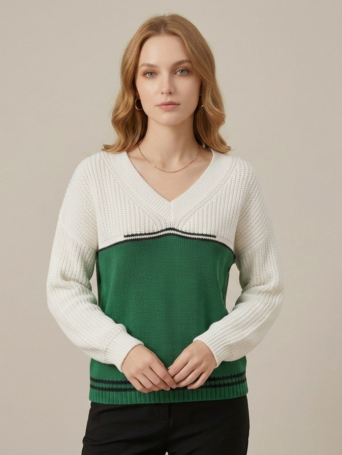 Contrast Color Sweater V neck Loose Pullover Sweater Autumn Winter Sweater