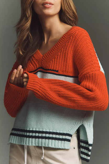Contrast Color Sweater V neck Loose Pullover Sweater Autumn Winter Sweater