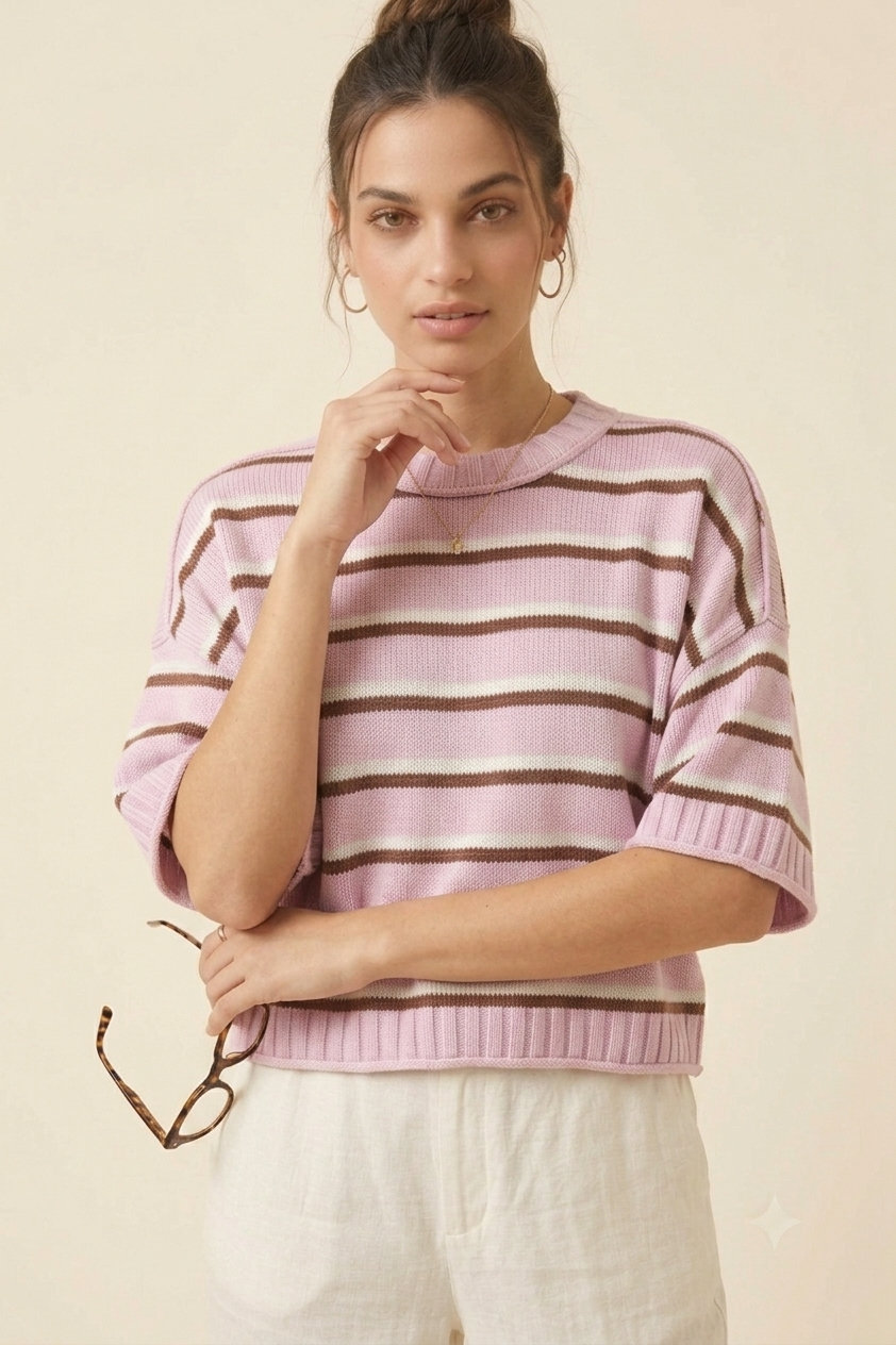 Autumn Winter Women Clothing Short Sleeve round Neck Striped Knitted round Neck Sweater Women