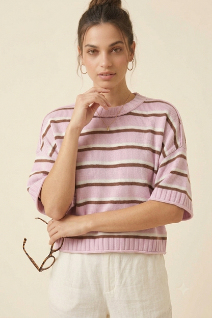 Autumn Winter Women Clothing Short Sleeve round Neck Striped Knitted round Neck Sweater Women