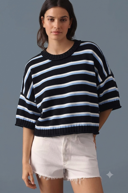 Autumn Winter Women Clothing Short Sleeve round Neck Striped Knitted round Neck Sweater Women