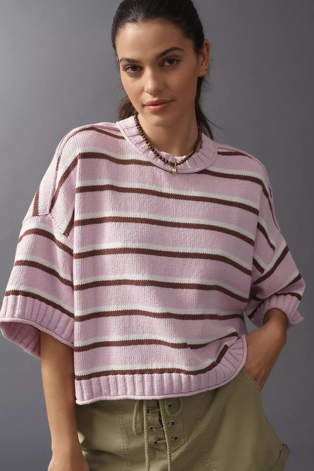 Autumn Winter Women Clothing Short Sleeve round Neck Striped Knitted round Neck Sweater Women