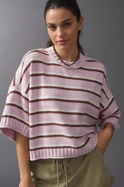 Autumn Winter Women Clothing Short Sleeve round Neck Striped Knitted round Neck Sweater Women