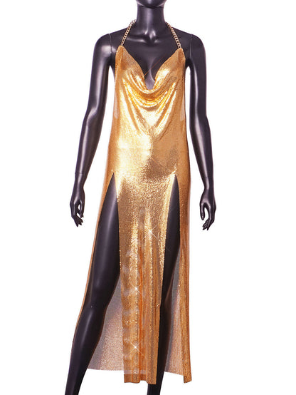 Nightclub Sexy Halter Spaghetti Straps Backless Metal Slit Dress