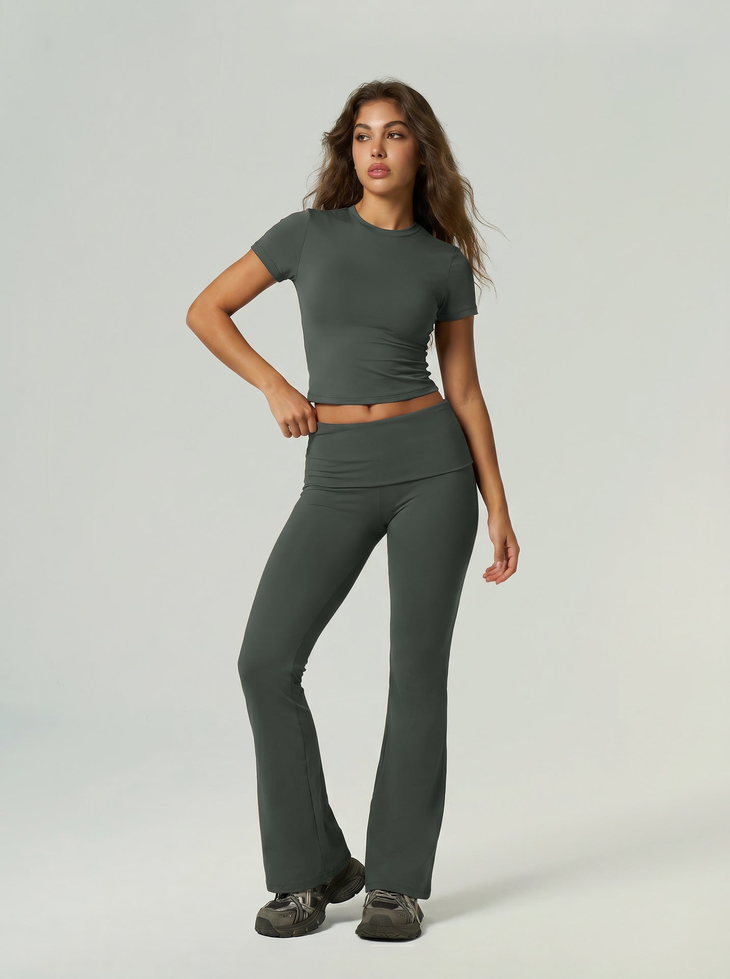 Quick Drying Sports Fitness Wear Short Sleeved Top Long Pants Bell Bottom Pants Tummy Control Butt Lifting Yoga Set