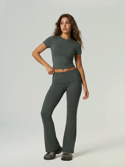 Quick Drying Sports Fitness Wear Short Sleeved Top Long Pants Bell Bottom Pants Tummy Control Butt Lifting Yoga Set