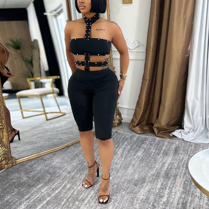 Women Wear Sexy off the Shoulder Bubble Beads Halter Solid Color Jumpsuit
