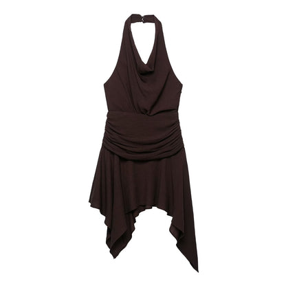 Women Clothing Asymmetric Hem Hanging Collar Mini Dress