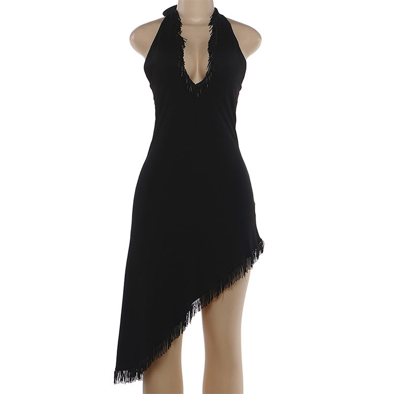 Fall Women Clothing Tassel Stitching Sexy Halter Backless V neck Irregular Asymmetric Dress