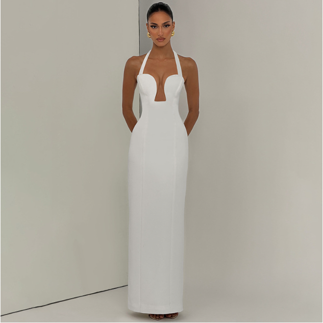 Summer Sexy Hollow Out Cutout Corset Slim Solid Color Sheath Long Halter Dress